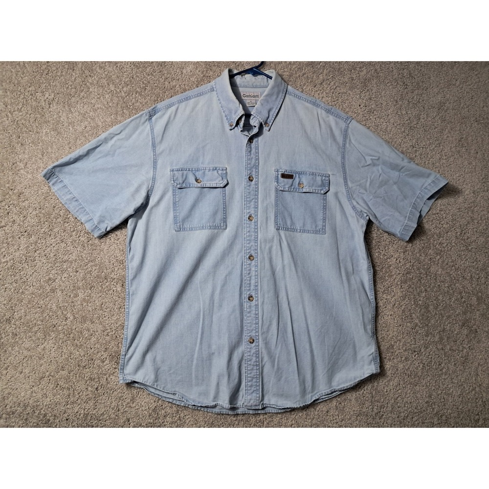 Carhartt Button Down Shirt Mens L Blue Denim Short Sleeve Workwear Casual